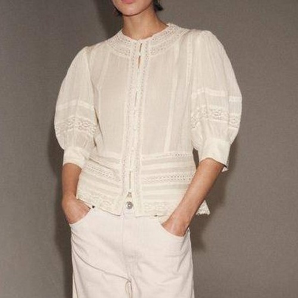 Zara Women Romantic Lace Trim Victorian Ivory Puff Sleeve Blouse Size S